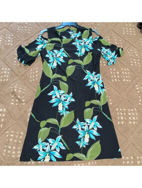 Tommy Hilfiger A-Line Dress Size 10 Black Blue Green Floral Cold Shoulder Knee